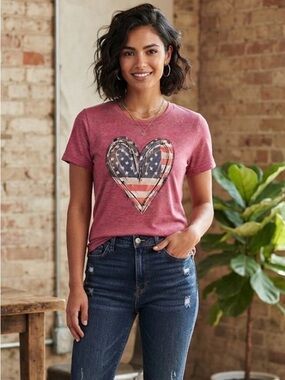 USA Flag Heart Graphic T-Shirt Women’s Size Medium Pink Patriotic Tee Casual